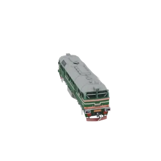 3D модель зеленого тепловоза М62 с красно-белыми полосами, вид с немного приподнятого заднего угла.
