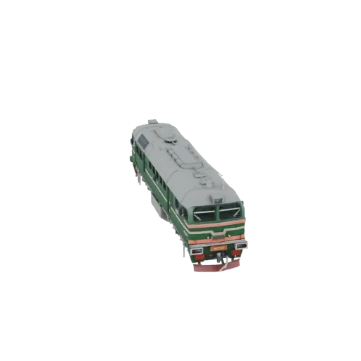 3D модель зеленого тепловоза М62 с красно-белыми полосами, вид с немного приподнятого заднего угла.