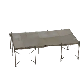 3D-модель винтажной палатки из холста со светлой тканью, натянутой на каркас из деревянных шестов, на белом фоне.