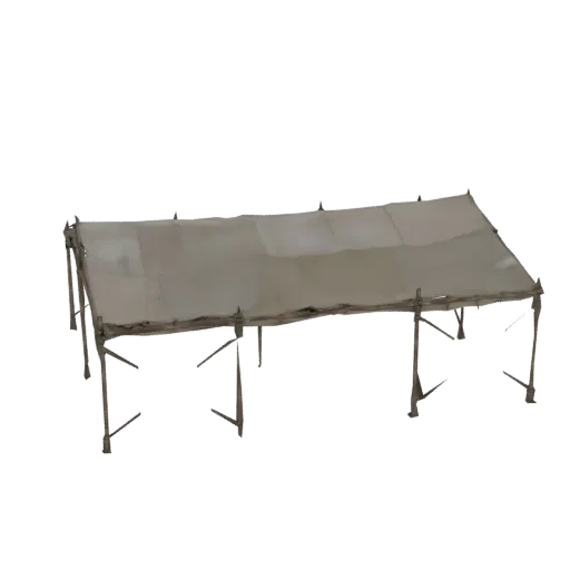 3D-модель винтажной палатки из холста со светлой тканью, натянутой на каркас из деревянных шестов, на белом фоне.