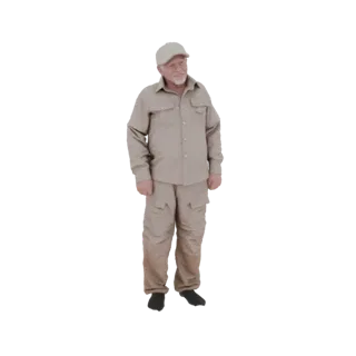 3D модель пожилого мужчины в рабочей рубашке цвета хаки, брюках-карго и бейсбольной кепке, стоящего и смотрящего в сторону.