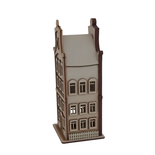 3D модель традиционного голландского дома с арочными окнами и штакетником, выполненная с текстурой светлого дерева.