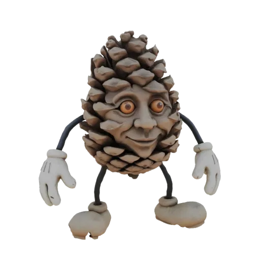 3D-рендер дружелюбной одушевленной шишки с лицом, руками и ногами, стоящей на белом фоне.