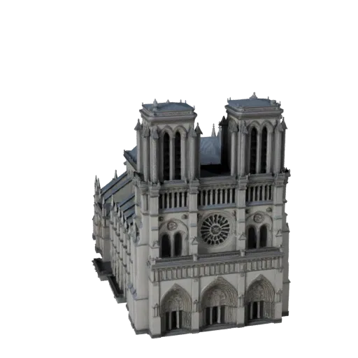 Высокополигональная 3D модель Собора Парижской Богоматери, крупный план архитектурного рендера, показывающий материалы достоп