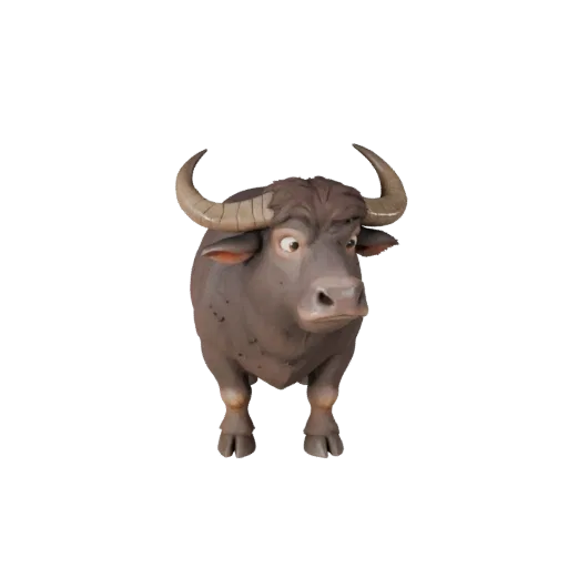 Мультяшная 3D-модель буйвола, вид сбоку, стилизованный ассет животного с силуэтом рогов или ветвей, анатомией копыт, массивно