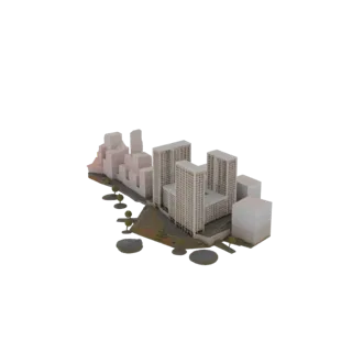 3D модель современного жилого комплекса с несколькими высотными и малоэтажными зданиями, окруженными деревьями и мощеными уча