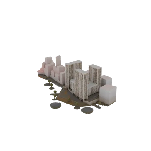 3D модель современного жилого комплекса с несколькими высотными и малоэтажными зданиями, окруженными деревьями и мощеными уча