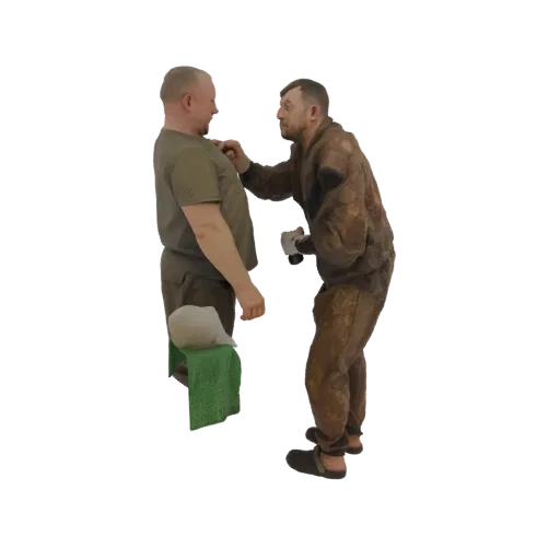 3D модель двух мужчин в рабочей одежде, один в футболке, другой в камуфляже, взаимодействуют.