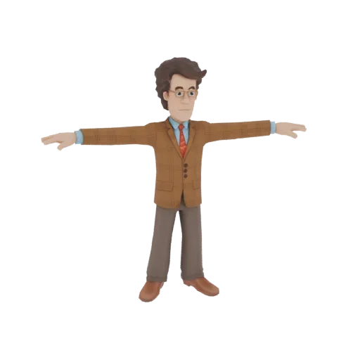 A 3D render of a cartoon professor character standing with arms outstretched, wearing a tweed jacket, glasses, and a tie.