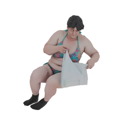 3D модель женщины в цветочном бикини, сидящей с белой сумкой.