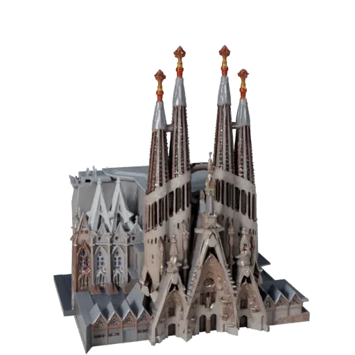 Стилизованная 3D модель Саграда Фамилия, изометрический вид стилизованной игровой среды, показывающий материалы структуры дос