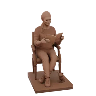 3D модель женщины, читающей книгу в кресле с кошкой у ног, выполненная из терракотового материала.