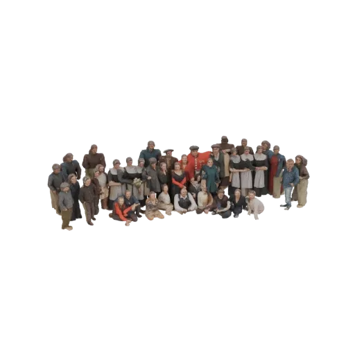 3D рендер группы исторических деревенских фигур, включая мужчин, женщин и детей, в композиции.