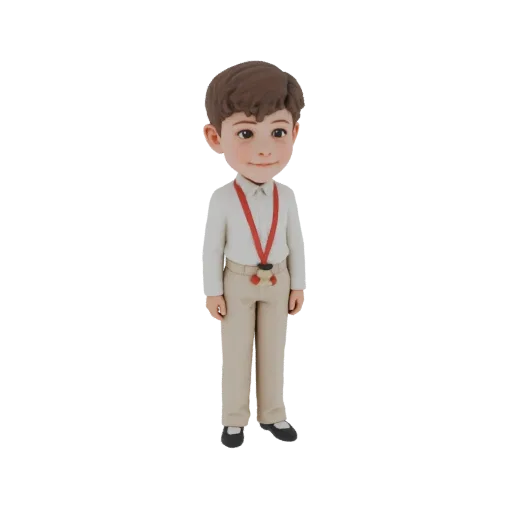 3D модель мальчика в белой рубашке, бежевых брюках и с красным шнурком, стоящего с легкой улыбкой.