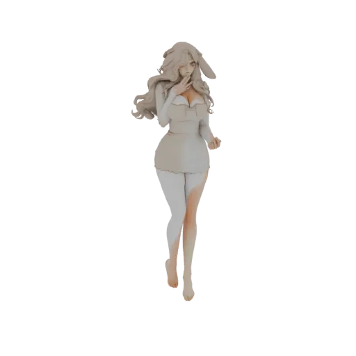 3D модель девушки-кролика с длинными волосами и заячьими ушами, в нейтральном, неокрашенном виде, игриво позирует.