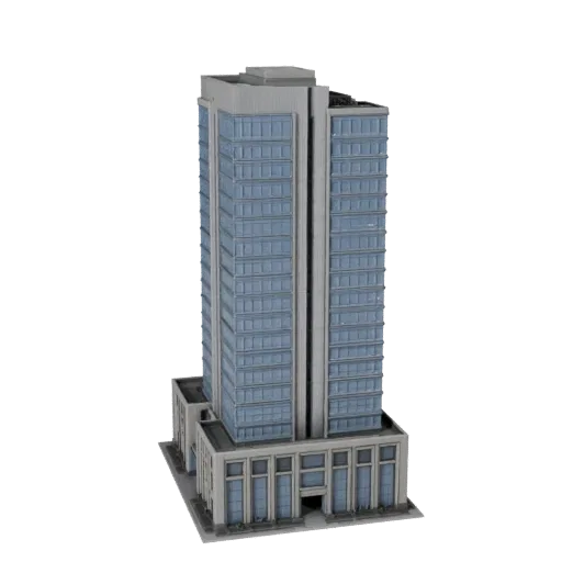 Жилой небоскреб реалистичная 3D модель, вид с трех четвертей снаружи, показывающий материалы коммерческого офисного здания и