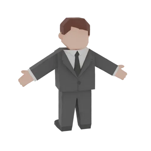 Низкополигональная 3D модель бизнесмена в сером костюме с вытянутыми руками, представленная в T-позе на белом фоне.