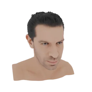 Реалистичный рендер 3D-модели мужского бюста головы с темными волосами и детализированными чертами лица, смотрящий немного в