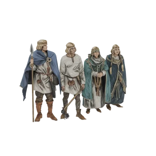 3D модель четырех средневековых славянских фигур: два воина с копьем и топором, две женщины в традиционной одежде.