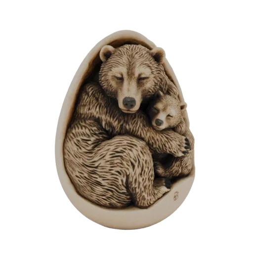3D модель медведицы с медвежонком спят внутри скорлупы яйца, детализированная шерсть.