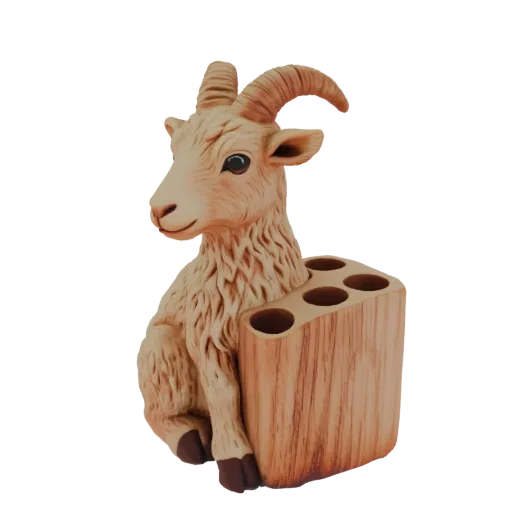 3D модель светло-коричневой козы, сидящей рядом с держателем для ручек в виде деревянного бревна с четырьмя отверстиями.