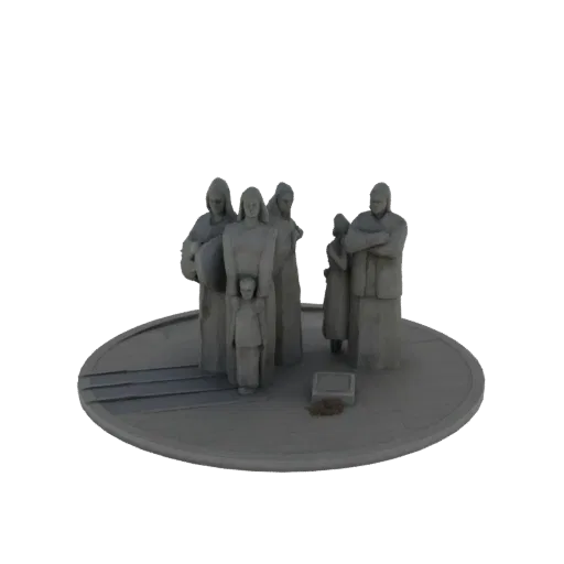 3D модель каменной семейной скульптуры памятника с несколькими фигурами, включая взрослых и ребенка, на круглом основании.