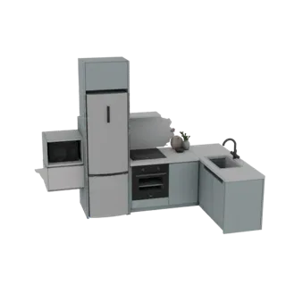 3D модель современного Г-образного кухонного гарнитура с серебристым холодильником, черной духовкой, микроволновкой, варочной