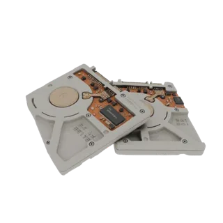 3D model of a vintage hard drive circuit board with copper PCB and electronic components, presented on a white background.