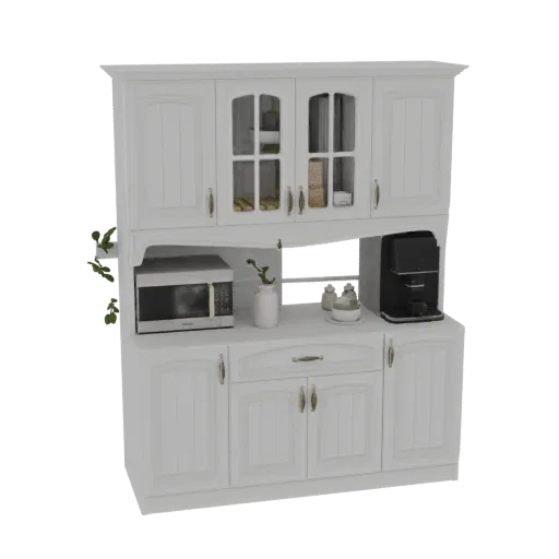 3D модель белого кухонного шкафа со стеклянными дверцами, полкой для микроволновки и нижними шкафчиками.