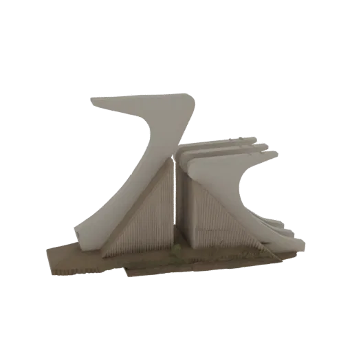 Рендер 3D модели абстрактных геометрических подставок для книг с белыми изогнутыми элементами и основанием под текстуру дерев