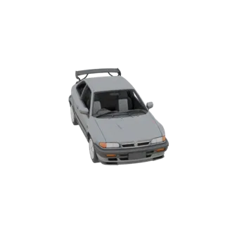 3D модель серого хэтчбека Mazda 323F BG 1992 года с задним спойлером, вид спереди-сбоку