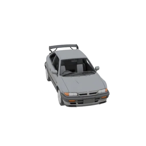 3D модель серого хэтчбека Mazda 323F BG 1992 года с задним спойлером, вид спереди-сбоку