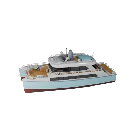 3D модель катамарана, вид в три четверти в студии, готовый для Blender актив с формой корпуса, планировкой палубы и пропорция