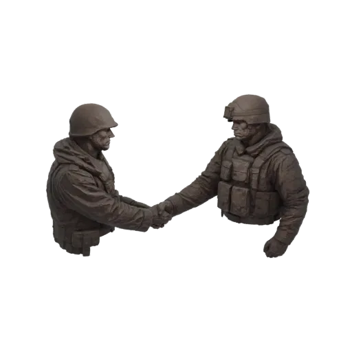3D модель двух солдат в тактическом снаряжении, пожимающих руки, изображенных в виде бюстов с детализированными шлемами и жил