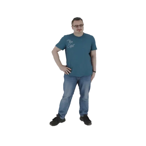 3D модель мужчины в бирюзовой футболке и синих джинсах, стоящего с руками на бедрах, на белом фоне.