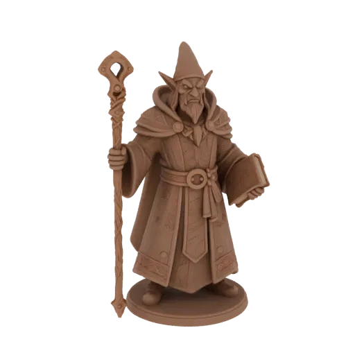 Fantasy Grim Elf Wizard Miniature STL, трехчетвертной рендер для настольных игр, миниатюра заклинателя для печати на смоле в