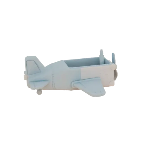 3D модель голубого игрушечного самолета с открытой кабиной в виде кашпо, вид сбоку на черном фоне.