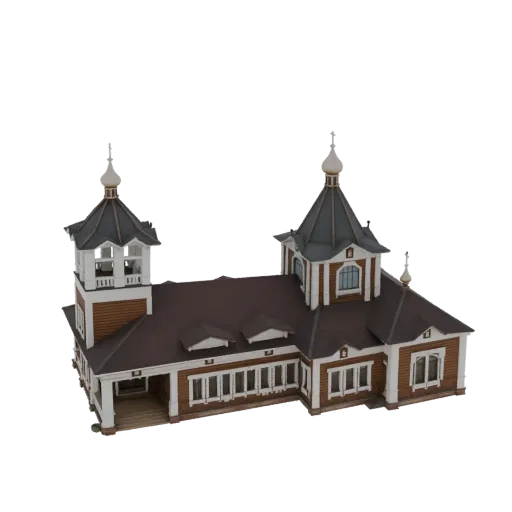 3D модель традиционной деревянной церкви с темными луковичными куполами, белой отделкой и выдающейся колокольней на черном фо