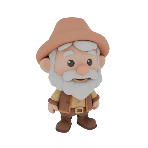 3D модель доброго лесного старца в стиле глиняной игрушки, стоящего на белом фоне