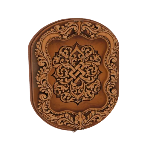 3D модель резной деревянной панели с центральным цветочным мотивом и декоративной каймой на черном фоне.