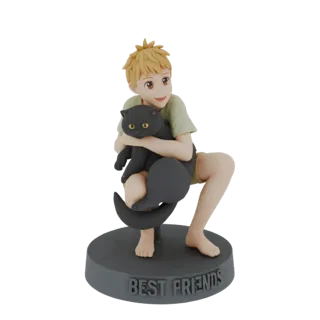 3D-модель аниме-мальчика со светлыми волосами, обнимающего черного кота, с надписью 'Лучшие друзья' на основании.
