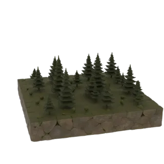 3D рендер стилизованной лесной диорамы с несколькими соснами на скалистом основании, вид под небольшим углом.