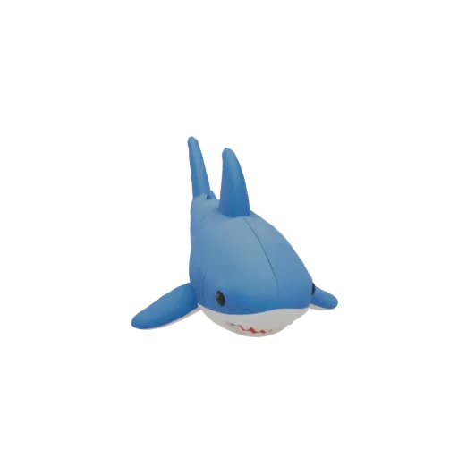 3D модель мягкой игрушки акулы в мультяшном стиле, синего цвета, с большими глазами и открытым ртом.
