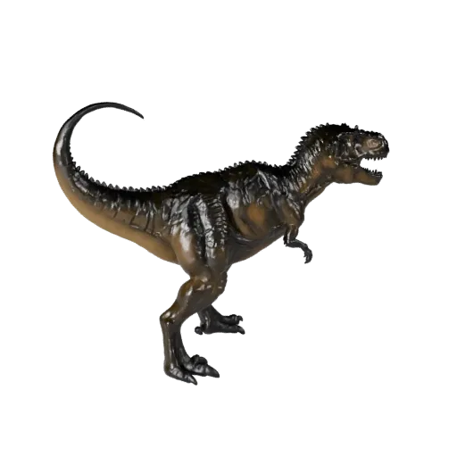 3D модель Tyrannosaurus Rex, вид сбоку игровой камеры, готовый для Unity ассет животного с противовесом хвоста, силуэтами ког