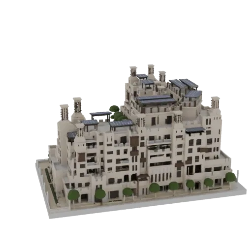 3D модель многоэтажного жилого комплекса с марокканскими архитектурными влияниями, балконами, солнечными панелями и деревьями