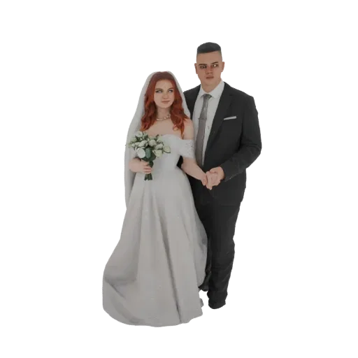 3D model of a wedding couple, bride in white gown holding flowers, groom in black suit, standing together