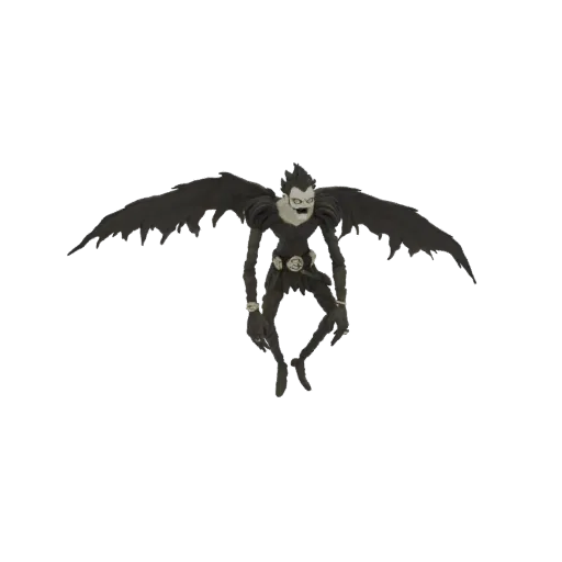 3D модель Рюка, Синигами из Death Note, с широко расправленными черными крыльями, бледным лицом и зловещей ухмылкой.