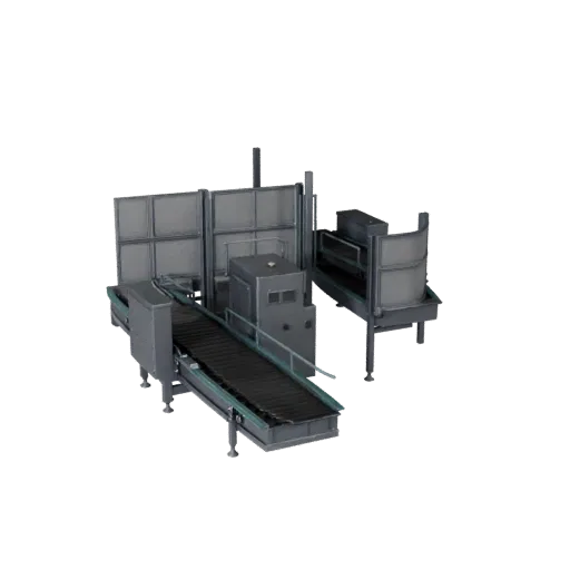 Реалистичная 3D-модель модуля упаковочного конвейера, трехчетвертной студийный рендер, показывающий окрашенную сталь, станций
