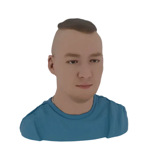 Рендер 3D модели бюста мужчины с современной андеркат прической и синей футболкой на черном фоне.
