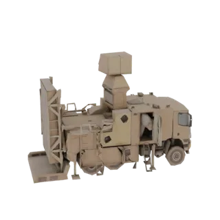 3D модель мобильной РЛС на грузовике цвета загара с большой антенной сверху.